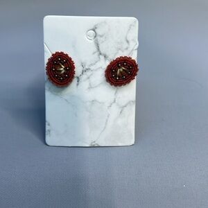 Handmade Alaska Native Beaded earrings red black  with quills (A-97)